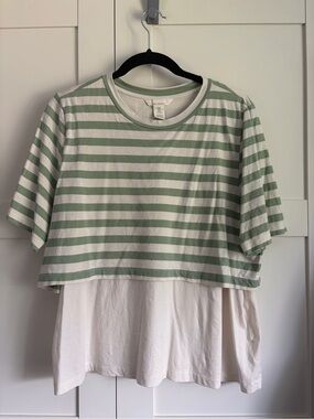 Striped Layered Maternity Crop Tee - Sage/White